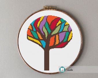 Colorful tree cross stitch pattern, modern cross stitch pattern, PDF, instant download