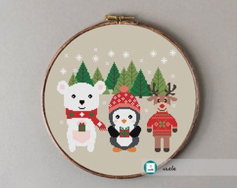 Christmas pattern, Polar bear penguin and reindeer,  modern cross stitch pattern, PDF, DIY ** instant download**