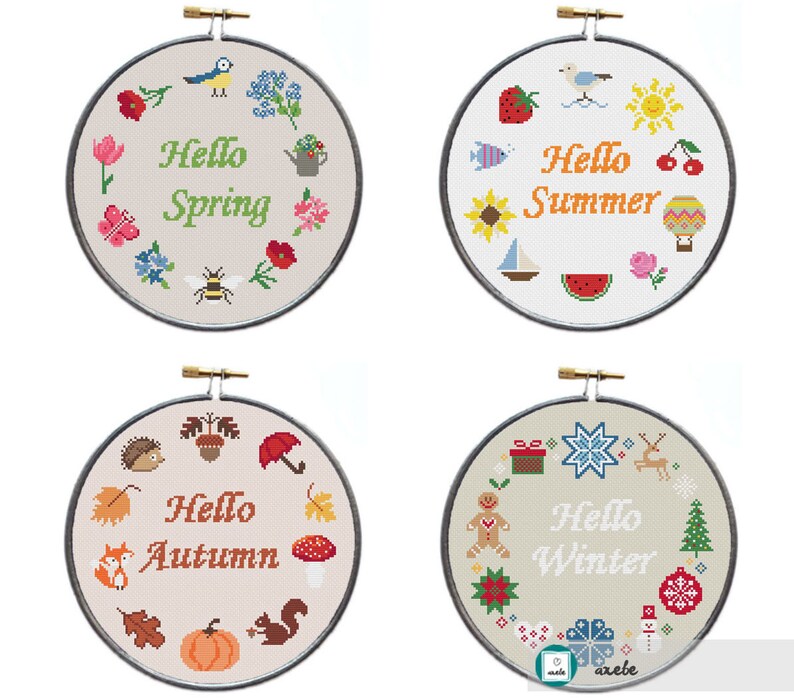 cross stitch pattern DIY instant download modern cross stitch Set of 4 Hello 4 seasons