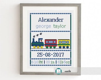 Cross stitch baby birth sampler, birth announcement, train, DIY customizable pattern** instant download