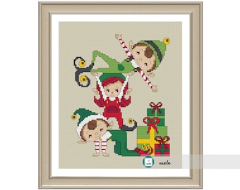 Christmas Elves cross stitch pattern, modern cross stitch pattern, PDF, instant download