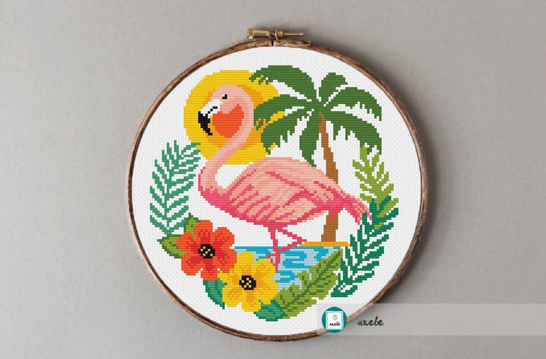 Flamingo on tropical landscape cross stitch pattern, modern cross stitch pattern, PDF, instant download image 1