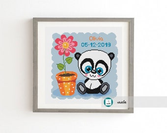 Cross stitch baby birth sampler, birth announcement, cute little panda, DIY customizable pattern** instant download