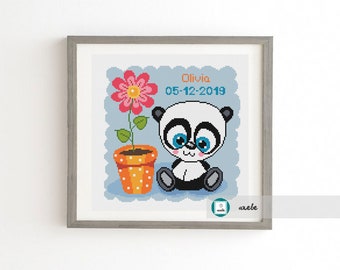 Grille point de croix naissance bébé, faire-part de naissance, mignon petit panda, motif DIY personnalisable** téléchargement immédiat