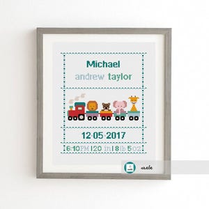 Cross stitch baby birth sampler, birth announcement, train with animals, DIY customizable pattern** instant download