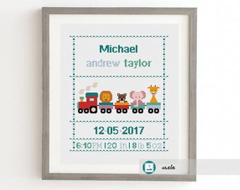 Cross stitch baby birth sampler, birth announcement, train with animals, DIY customizable pattern** instant download
