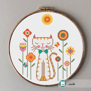 Cat in garden cross stitch pattern, modern cross stitch pattern, PDF, instant download