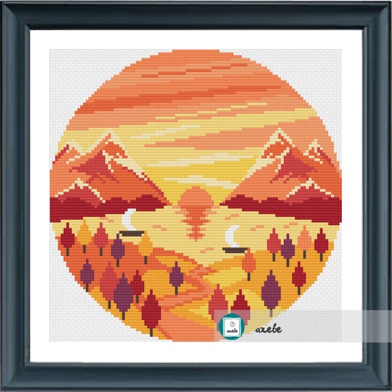 Cross Stitch Chart Pattern Autumn Mountain Sunset Cross Stitch Chart Pattern Autumn Mountain Sunset