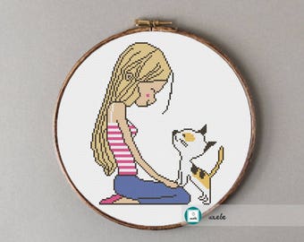 Girl with cat cross stitch pattern, modern cross stitch pattern, PDF, instant download