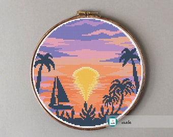 Tropical sunrise cross stitch pattern, modern cross stitch pattern, PDF, instant download