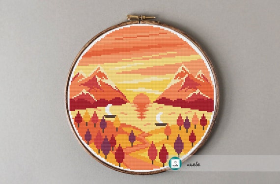 Cross Stitch Chart Pattern Autumn Mountain Sunset Cross Stitch Chart Pattern Autumn Mountain Sunset