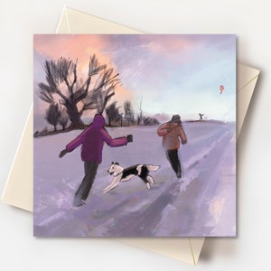 Wintersonnenwende, wunderliche naive Hundekarte, Schneeszene, Hundeliebhaber-Geschenke, Hunde-Geburtstagskarte, Dankeskarte