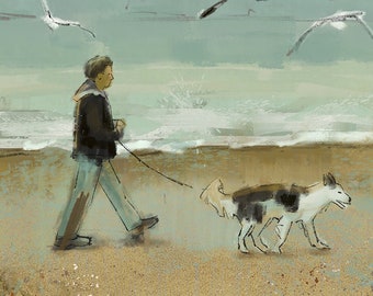 Border Collie Coastal Beach Illustration Print — Whimsical Dog Art | Dog Lover Gift | Man and Dog Sea Print