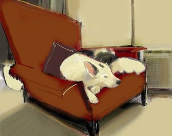Bordercollie slapende hond afbeelding afdrukken — grillige hond kunst | Cadeau hondenliefhebber | Hedendaagse vintage muurkunst