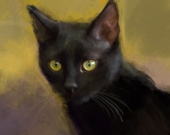 May include: A black cat with bright green eyes stares intently at the viewer. The cat's fur is soft and fluffy, and its whiskers are long and prominent. The background is a soft, blurred yellow and brown.