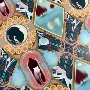 Carta da regalo Art Nouveau con lupo, stile vintage, con luna, stelle e cane, in carta da regalo botanica