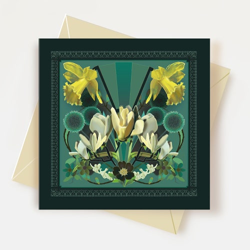 Spring Flowers Art Deco Card Mothers Day Cards Spring Wedding Card Botanical Art Card