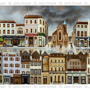 Stampa artistica giclée di scena di strada con tempo tempestoso, arte ispirata a Lowry, arte murale di paesaggio urbano in Scozia