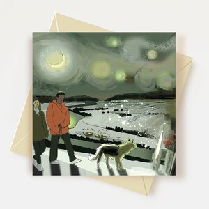 Carte de Noël lunatique avec chien, carte vierge nuit étoilée
