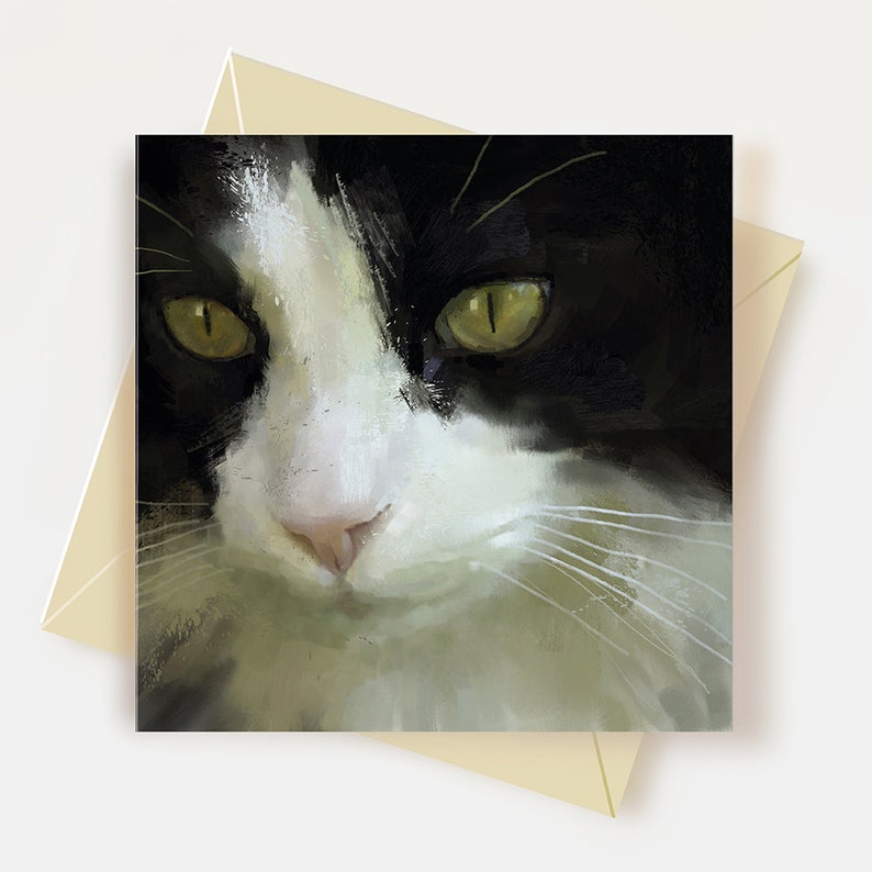 May include: Close-up portrait of a black and white cat with green eyes. The cat's fur is soft and fluffy, and its expression is calm and serene.