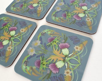 Thistle Coaster Set of 4 / Scottish Coasters Thistle Gift Ideas / William Morris Inspired Artwork /  Pink Flower Blue Coaster Set