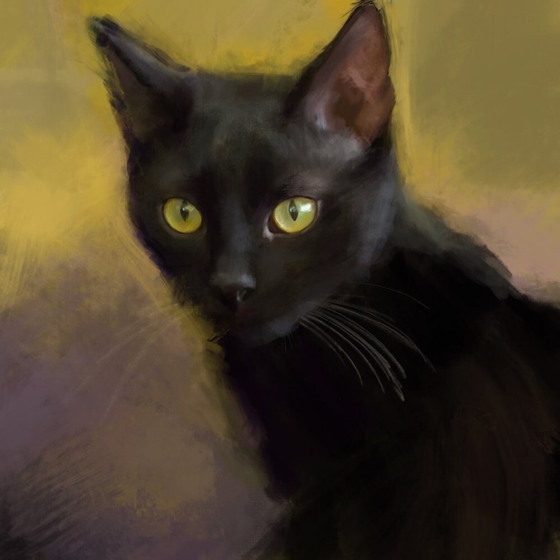 May include: A black cat with bright green eyes stares intently at the viewer. The cat's fur is soft and fluffy, and its whiskers are long and prominent. The background is a soft, blurred yellow and brown.