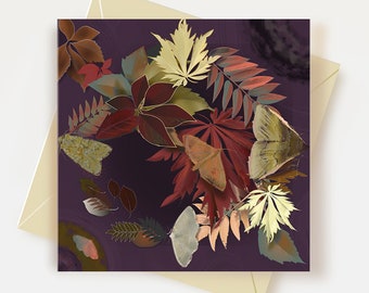 Moths and Fall Leaves Greeting Card Inspired by Artist Alphonse Mucha Art Nouveau Card Autumn Leaves Botanical Artwork