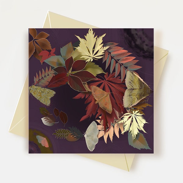 Moths and Fall Leaves Greeting Card Inspired by Artist Alphonse Mucha Art Nouveau Card Autumn Leaves Botanical Artwork