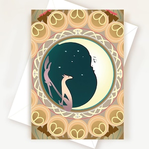 Tarjeta de cumpleaños con luna y estrellas, tarjeta de felicitación mágica vintage, tarjeta de agradecimiento botánica con perro lobo