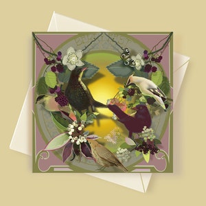 Carte d'anniversaire vintage pour amoureux des oiseaux, fête des mères, oiseau Art nouveau, carte de remerciement Alphonse Mucha, inspiré des oiseaux de jardin