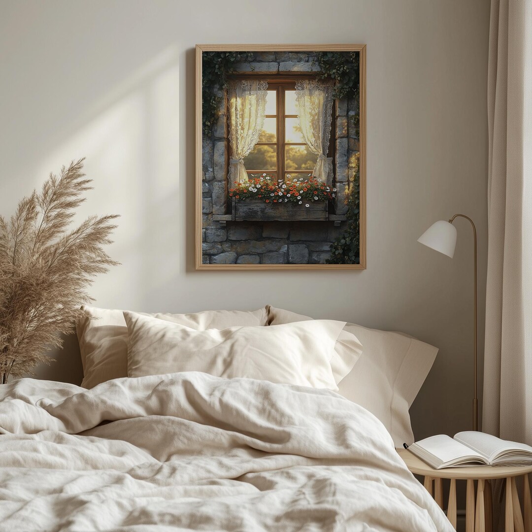 Rustic Cottage Window With Lace Curtains - Pastel Flower Bouquet, Cozy ...