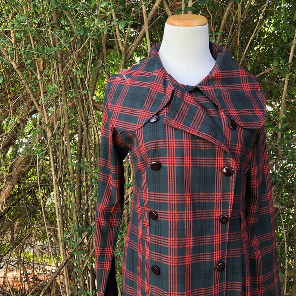 70s Double Breasted Navy and Red Tartan Trench | MEDIUM - LARGE