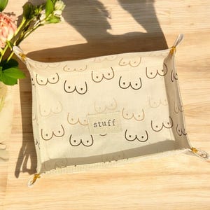 Boob print fabric trinket ring tray. Handmade. Handstamped.