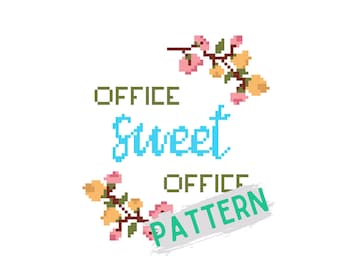 May include: A digital illustration of a floral design with the text "Office Sweet Office Pattern" in a green, white, and gray color scheme.