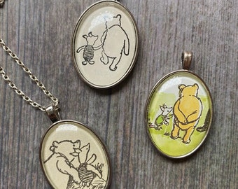 Winnie the Pooh and Piglet Necklace Handmade with Real Vintage Book Illustration - Classic Winnie the Pooh Bear - Valentines Gift for Her