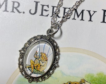 Tiny Jeremy Fisher Necklace, Beatrix Potter Necklace Handmade with Real Vintage Book Illustration, Tiny Frog Necklace, Frog Pendant