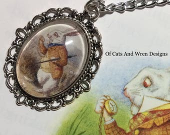 White Rabbit Necklace with Alice in Wonderland Tenniel Illustration Pendant -Vintage Style- Bookish Book Lover Gift for Her - Literary Gifts