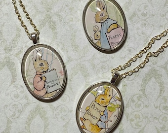 Beatrix Potter Rabbit Necklace - Handmade with Real Vintage Book Illustration - Peter Rabbit, Benjamin Bunny, Mrs Flopsy Bunny