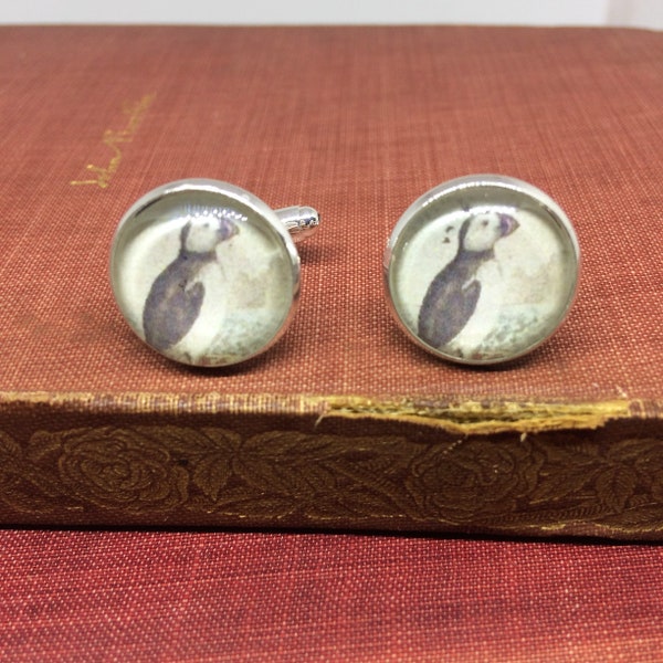 Puffin Cuff Links - Handmade from copy of Antique Book Illustration - Bird Puffin Cufflinks - Vintage - Gift for Men - Literary Gifts