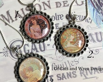 Mucha Art Nouveau Women Pendant Necklace - Handmade from Alphonse Mucha Painting Prints - Silver and Bronze - Art Female Girl Lady Poster