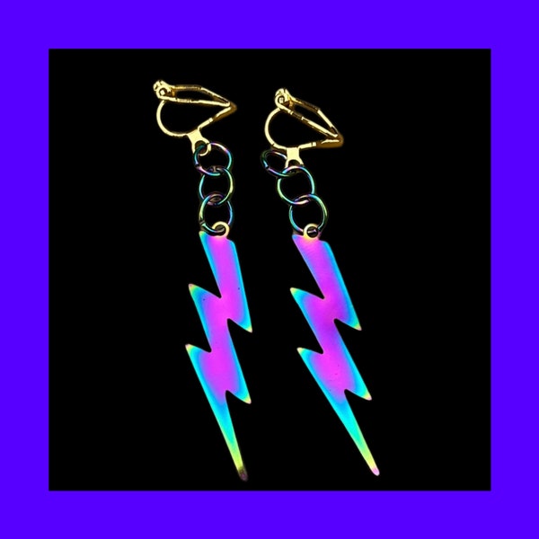 Women’s Men’s Iridescent Lightning Bolt Clip On Earrings, Unisex Hypoallergenic Purple Stainless Steel No Non Pierce Jewelry Gifts