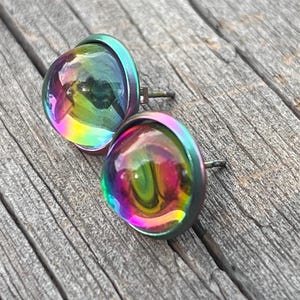 Damen Herren einzigartige schillernde Regenbogen Ohrstecker Ringe