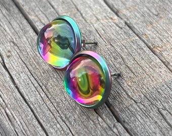Women’s Men’s Unique Iridescent Rainbow Stud Earrings Rings