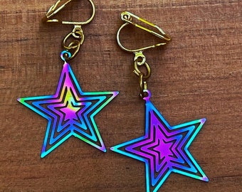 Rainbow Star Clip On Earrings