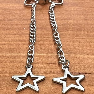 Silver Star Long Drop Dangling Clip On Earrings