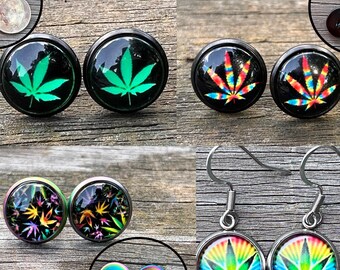 Stainless Steel Marijuana Earrings in Stud, Dangle, Clip On Earrings