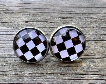 Women’s Men’s Black Checkered Race Flag Stud Earrings Rings