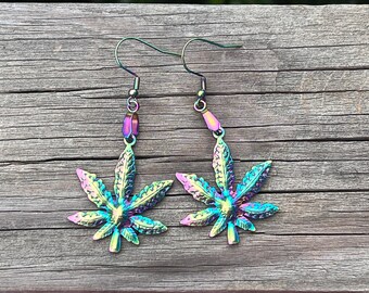 Chunky Rainbow Metal Marijuana Drop Dangle Earrings