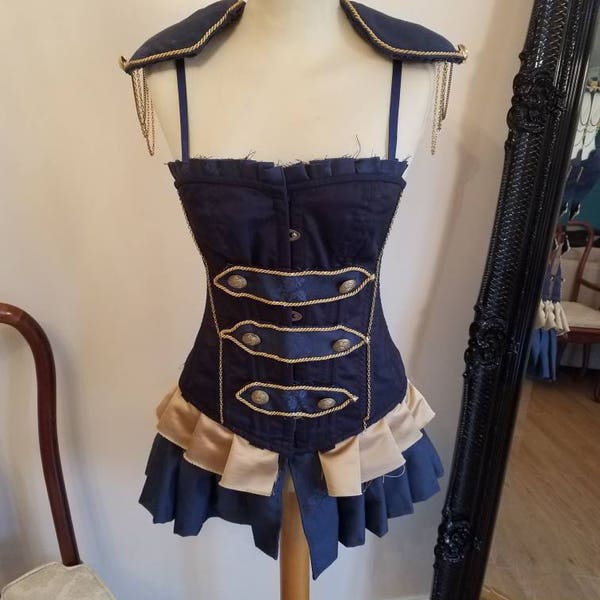 Steampunk sailor corset dress costume navy and gold