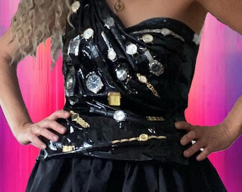 Body Armour Breastplate Bodice Corset Black with Watches, unique handmade rigid hard corset front velvet lined, elastic back size 8-12
